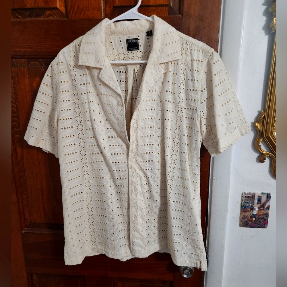 Todd Snyder Embroidered Eyelet Short Sleeve Camp Collar Shirt